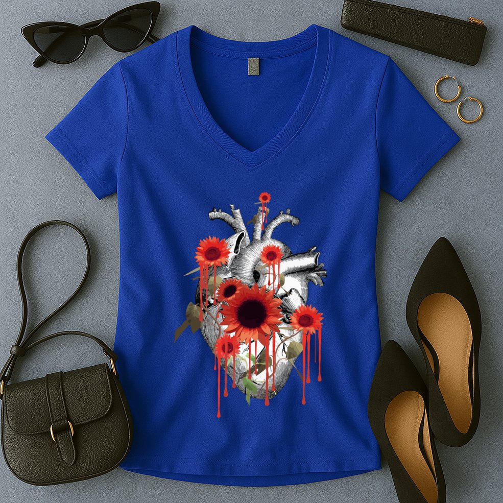 Anatomical Heart With Blood Sunflowers Botany Body Anatomy Gift Women's V-Neck T-Shirt