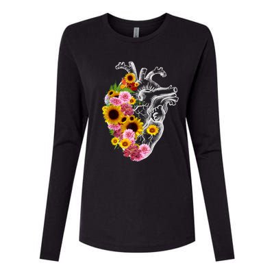 Anatomical Heart With Flowers, Botany Body Anatomy Womens Cotton Relaxed Long Sleeve T-Shirt