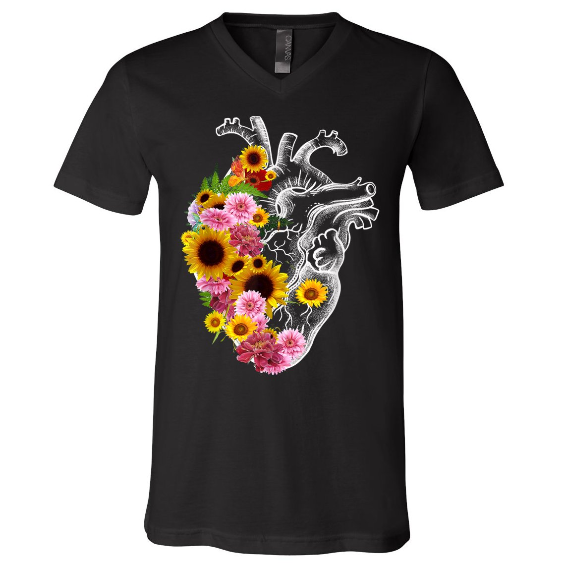 Anatomical Heart With Flowers, Botany Body Anatomy V-Neck T-Shirt