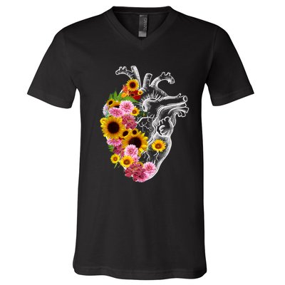 Anatomical Heart With Flowers, Botany Body Anatomy V-Neck T-Shirt