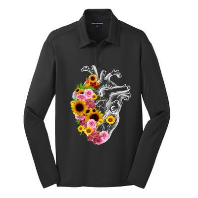 Anatomical Heart With Flowers, Botany Body Anatomy Silk Touch Performance Long Sleeve Polo