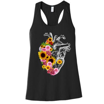 Anatomical Heart With Flowers, Botany Body Anatomy Women's Racerback Tank