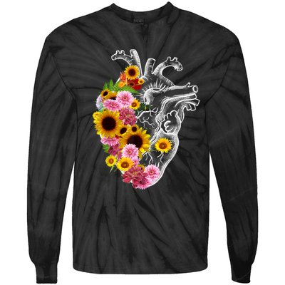 Anatomical Heart With Flowers, Botany Body Anatomy Tie-Dye Long Sleeve Shirt