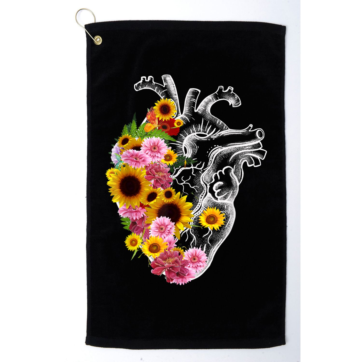 Anatomical Heart With Flowers, Botany Body Anatomy Golf Towel