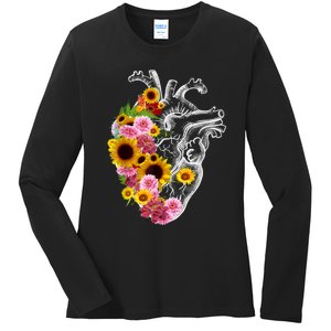 Anatomical Heart With Flowers, Botany Body Anatomy Ladies Long Sleeve Shirt