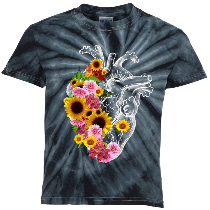 Anatomical Heart With Flowers, Botany Body Anatomy Kids Tie-Dye T-Shirt