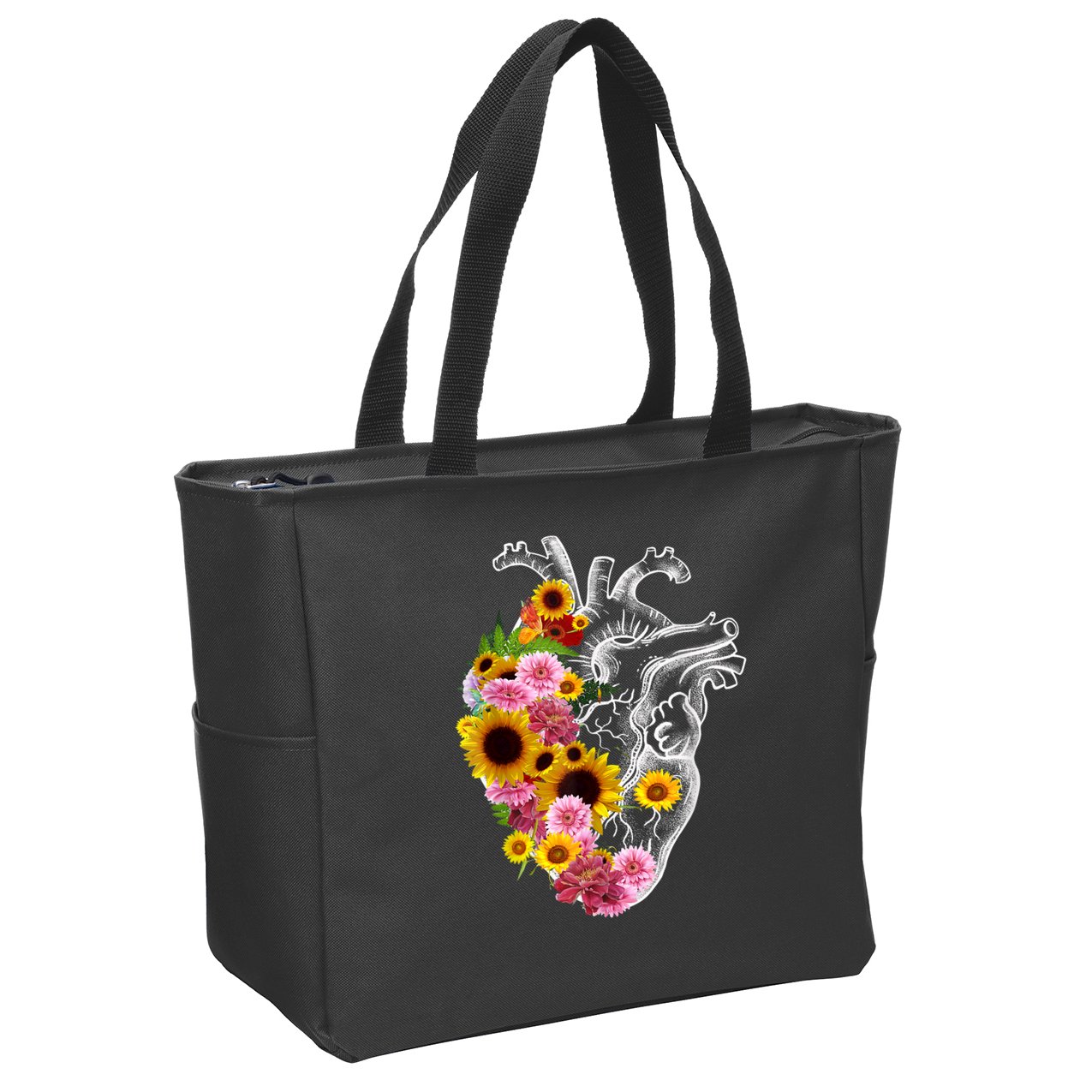 Anatomical Heart With Flowers, Botany Body Anatomy Zip Tote Bag