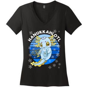 Axolotl Hanukkah With Dreidel Menorah Women's V-Neck T-Shirt