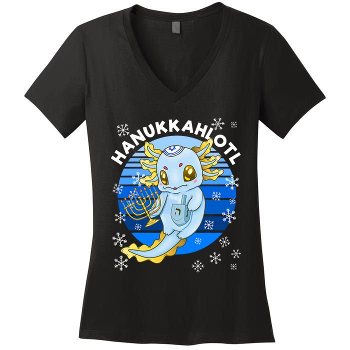 Axolotl Hanukkah With Dreidel Menorah Women's V-Neck T-Shirt