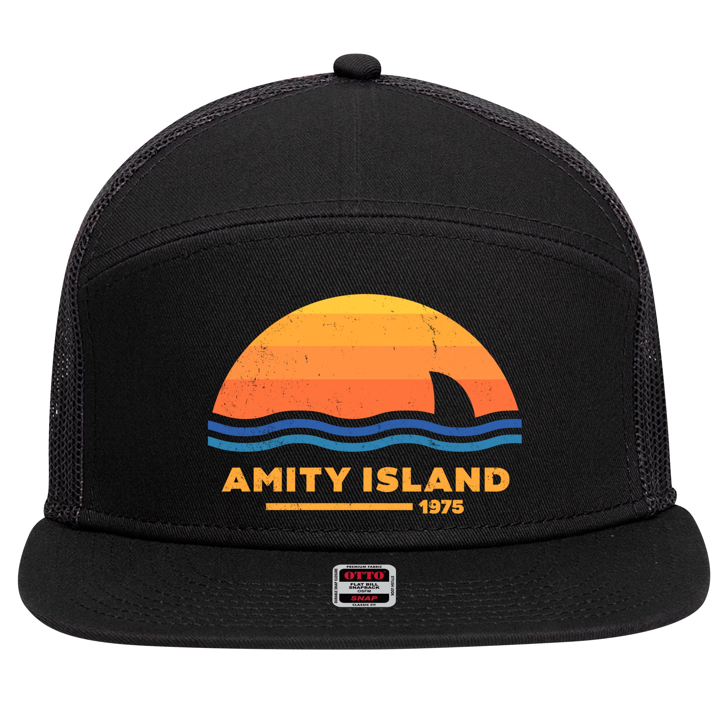 Amity Island 1975 Retro Sunset Movie Vintage 7 Panel Mesh Trucker Snapback Hat