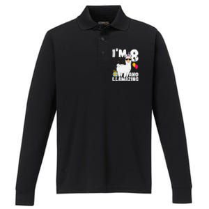 Alpaca I'm 8 And Llamazing Alpaca Llama 8th Birthday Performance Long Sleeve Polo