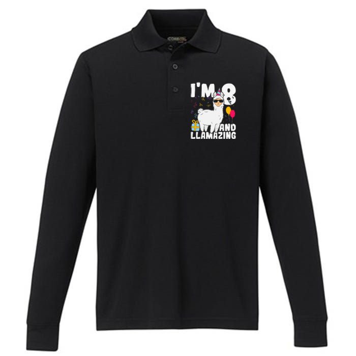 Alpaca I'm 8 And Llamazing Alpaca Llama 8th Birthday Performance Long Sleeve Polo