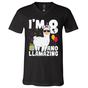 Alpaca I'm 8 And Llamazing Alpaca Llama 8th Birthday V-Neck T-Shirt