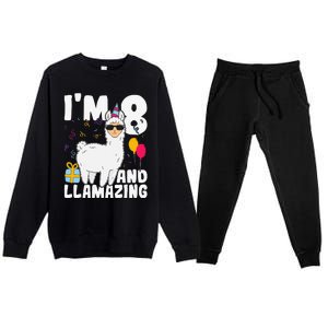 Alpaca I'm 8 And Llamazing Alpaca Llama 8th Birthday Premium Crewneck Sweatsuit Set