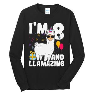 Alpaca I'm 8 And Llamazing Alpaca Llama 8th Birthday Tall Long Sleeve T-Shirt