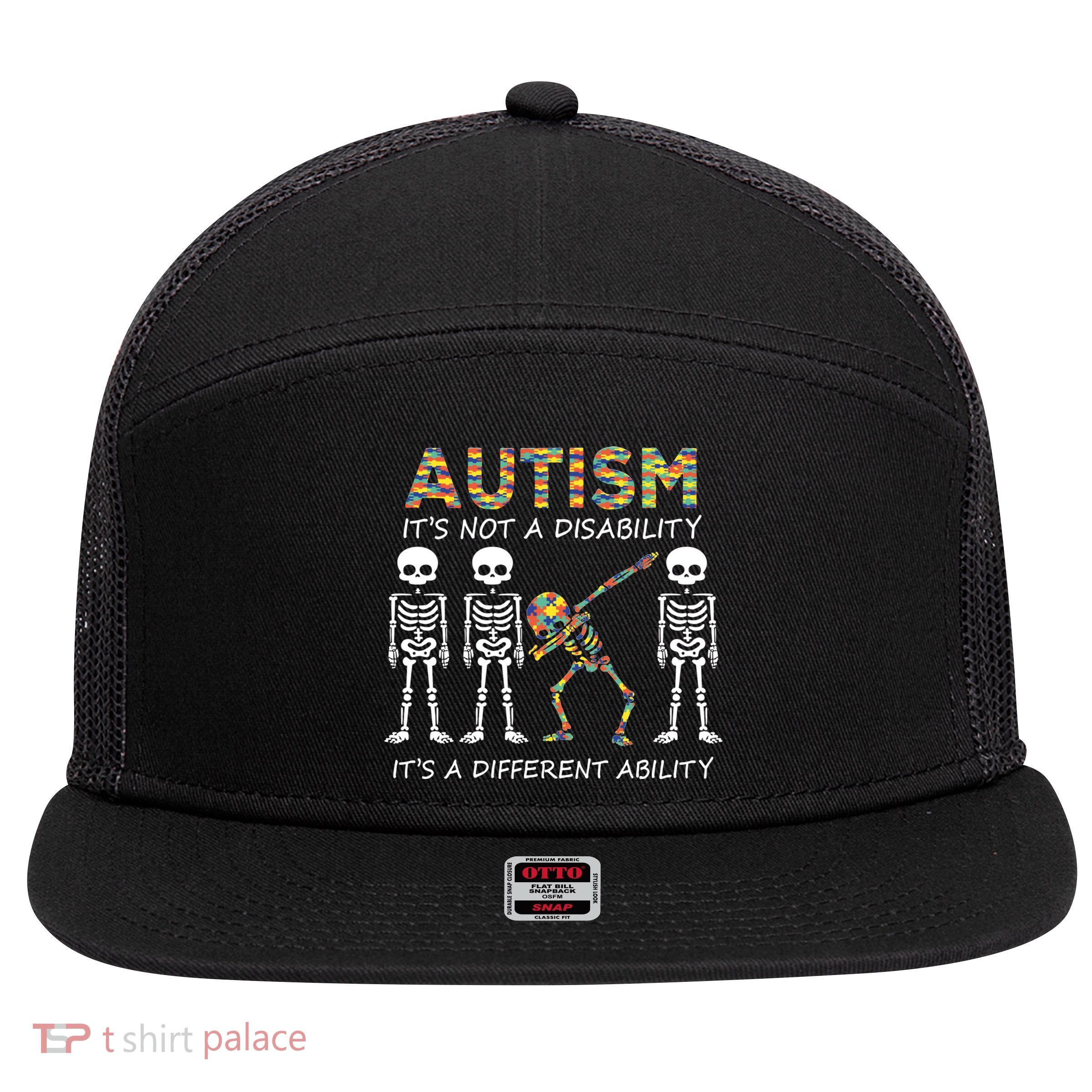 Autism It's A Different Ability Funny Dabbing Skeleton Gifts 7 Panel Mesh Trucker Snapback Hat