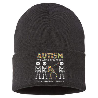 Autism It's A Different Ability Funny Dabbing Skeleton Gifts Sustainable Knit Beanie