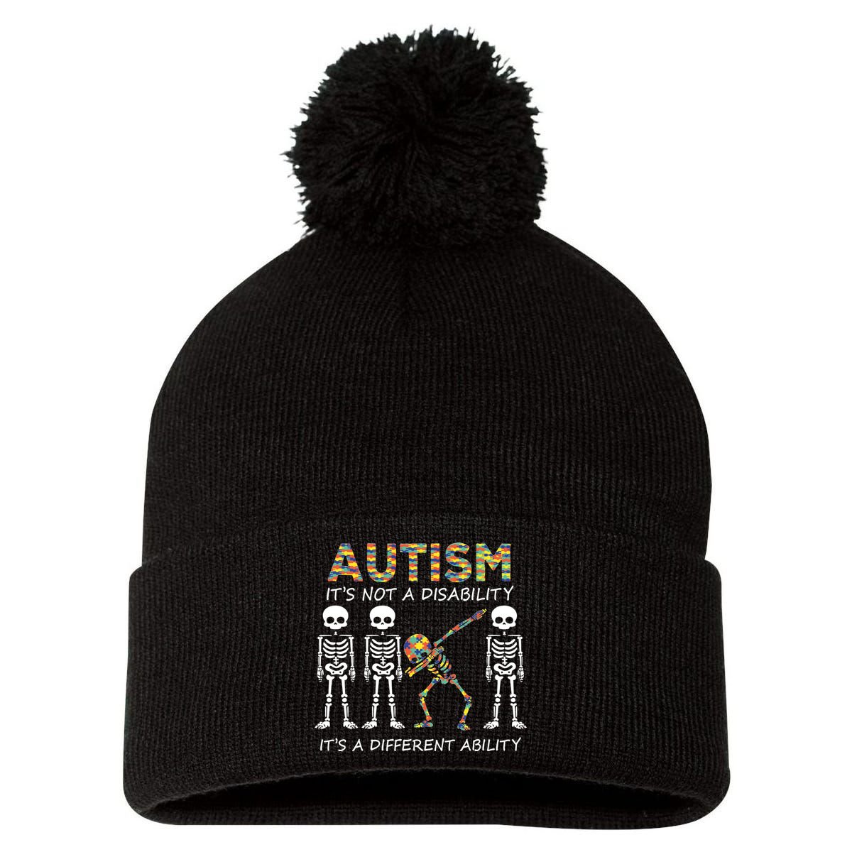 Autism It's A Different Ability Funny Dabbing Skeleton Gifts Pom Pom 12in Knit Beanie