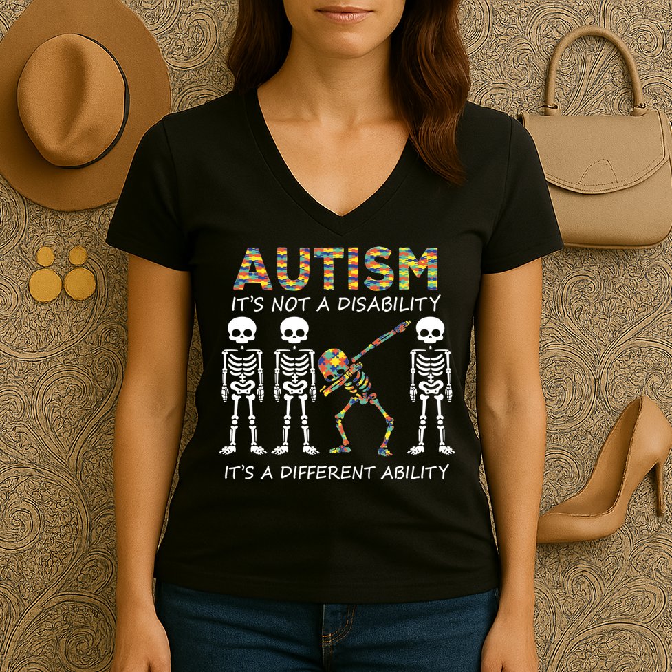 Autism It's A Different Ability Funny Dabbing Skeleton Gifts Women's V-Neck T-Shirt