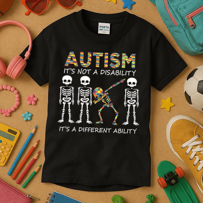 Autism It's A Different Ability Funny Dabbing Skeleton Gifts Kids T-Shirt