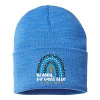 Autism In April We Wear Blue Rainbow Autism Awareness Month Funny Gift Sustainable Knit Beanie