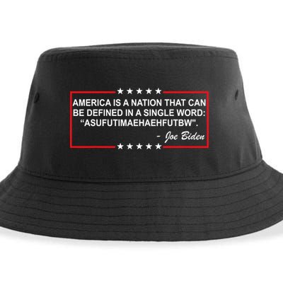 America Is A Nation That Can Be Defined In A Single Word Funny Joe Biden Quote Sustainable Bucket Hat