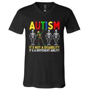 Autism It's A Different Ability Funny Dabbing Skeleton V-Neck T-Shirt