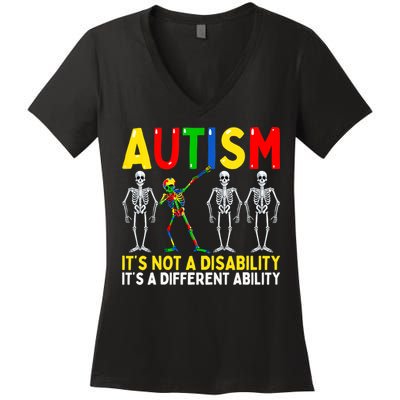Autism It's A Different Ability Funny Dabbing Skeleton Women's V-Neck T-Shirt