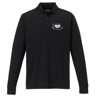 Am Israel Chai Israel Flag Heartbeat Love Hebrew Magen David Performance Long Sleeve Polo