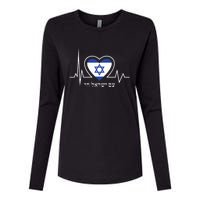 Am Israel Chai Israel Flag Heartbeat Love Hebrew Magen David Womens Cotton Relaxed Long Sleeve T-Shirt