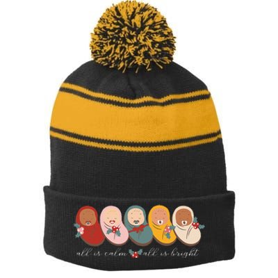 All Is Calm All Is Bright NICU Mother Baby Nurse Christmas Stripe Pom Pom Beanie