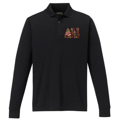 All Is Calm Said No Teacher Ever Funny Christmas Book Tree Performance Long Sleeve Polo