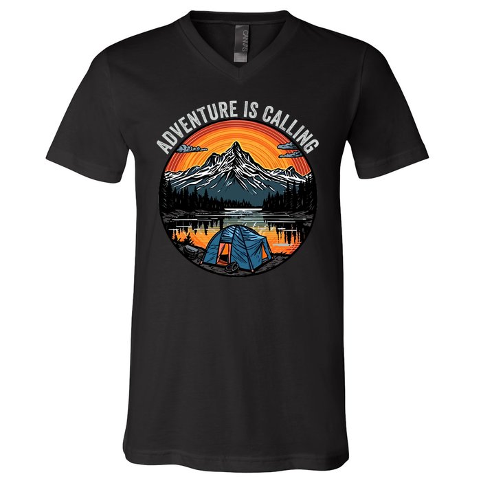 Adventure Is Calling Funny Camping & Fishing Father’s Day Camping Outdoors V-Neck T-Shirt