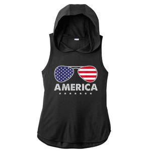 America Independence Day Funny Glasses Flag Ladies PosiCharge Tri-Blend Wicking Draft Hoodie Tank