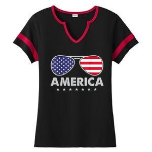 America Independence Day Funny Glasses Flag Ladies Halftime Notch Neck Tee