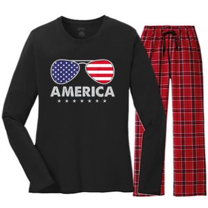 America Independence Day Funny Glasses Flag Women's Long Sleeve Flannel Pajama Set 