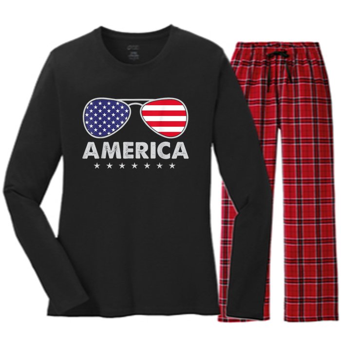 America Independence Day Funny Glasses Flag Women's Long Sleeve Flannel Pajama Set 