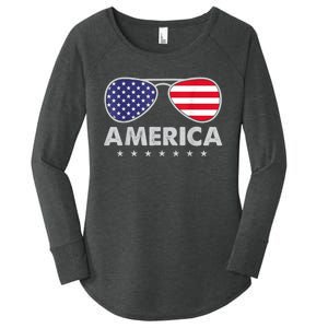 America Independence Day Funny Glasses Flag Women's Perfect Tri Tunic Long Sleeve Shirt