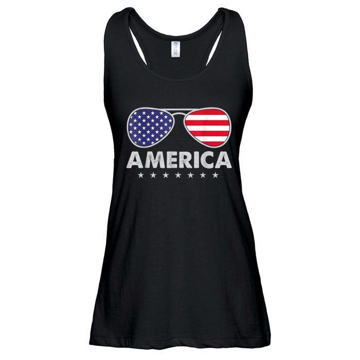 America Independence Day Funny Glasses Flag Ladies Essential Flowy Tank