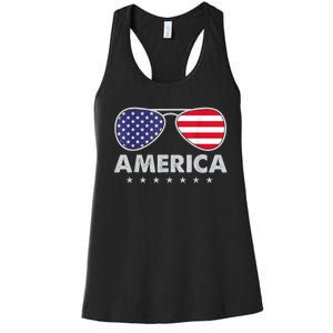 America Independence Day Funny Glasses Flag Women's Racerback Tank