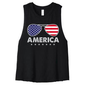 America Independence Day Funny Glasses Flag Women's Racerback Cropped Tank