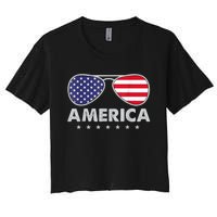 America Independence Day Funny Glasses Flag Women's Crop Top Tee