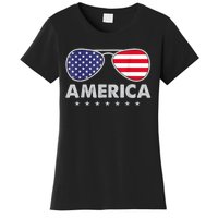 America Independence Day Funny Glasses Flag Women's T-Shirt