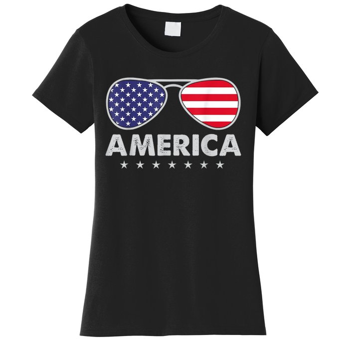 America Independence Day Funny Glasses Flag Women's T-Shirt