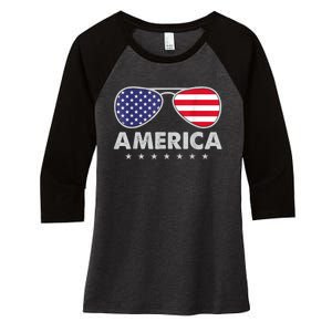 America Independence Day Funny Glasses Flag Women's Tri-Blend 3/4-Sleeve Raglan Shirt