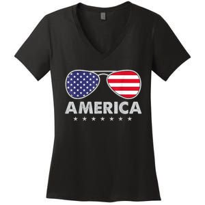 America Independence Day Funny Glasses Flag Women's V-Neck T-Shirt