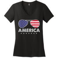 America Independence Day Funny Glasses Flag Women's V-Neck T-Shirt