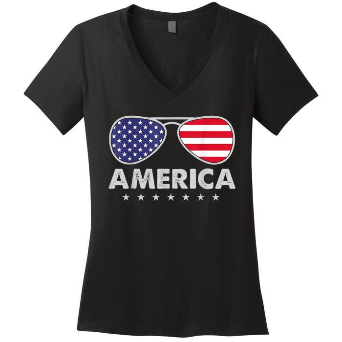 America Independence Day Funny Glasses Flag Women's V-Neck T-Shirt