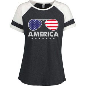 America Independence Day Funny Glasses Flag Enza Ladies Jersey Colorblock Tee