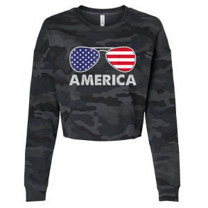 America Independence Day Funny Glasses Flag Cropped Pullover Crew